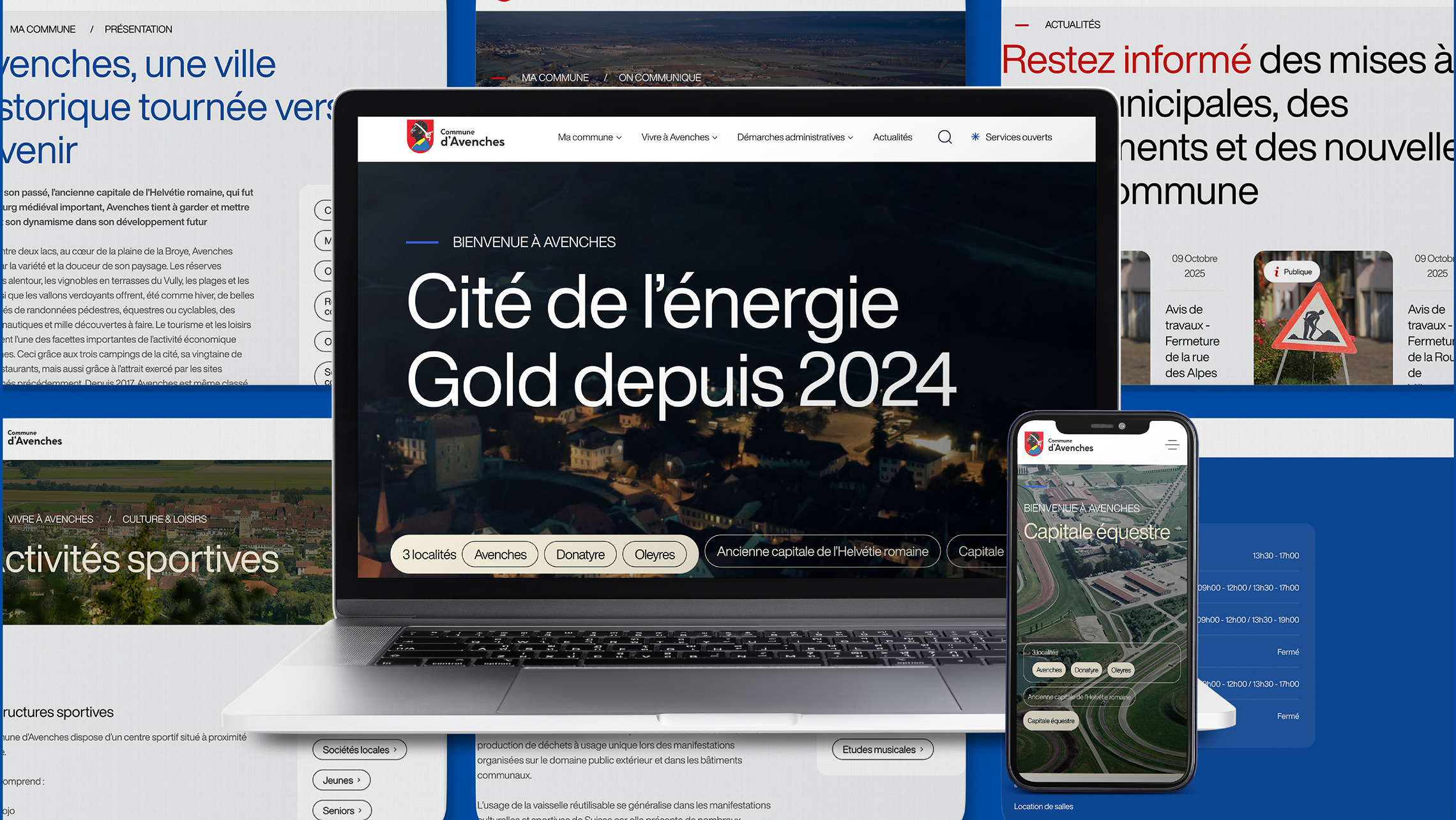 Vue d’ensemble du nouveau site web de la Commune d’Avenches conçu par l’Agence Audace